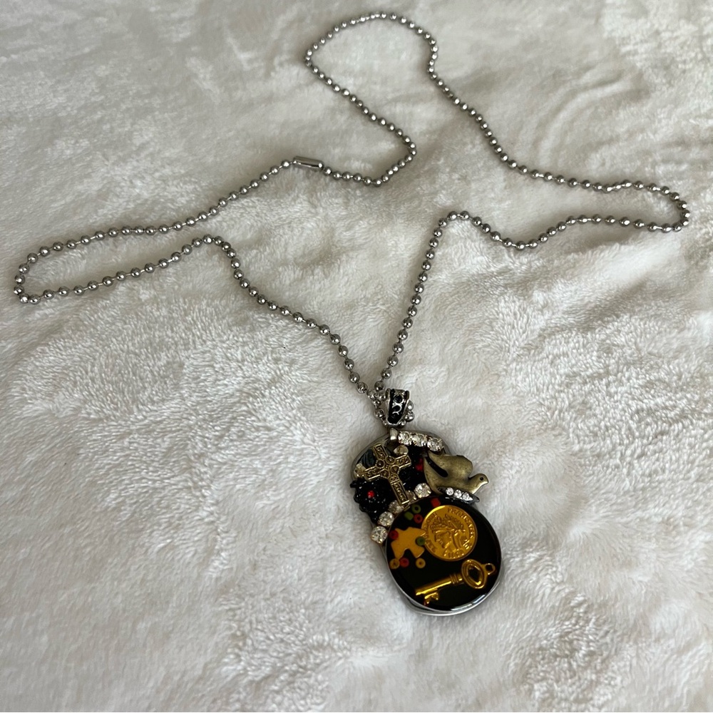 Vintage Glammy Tags USA Pendant Necklace French Republic Coin Medallion Key Bird
